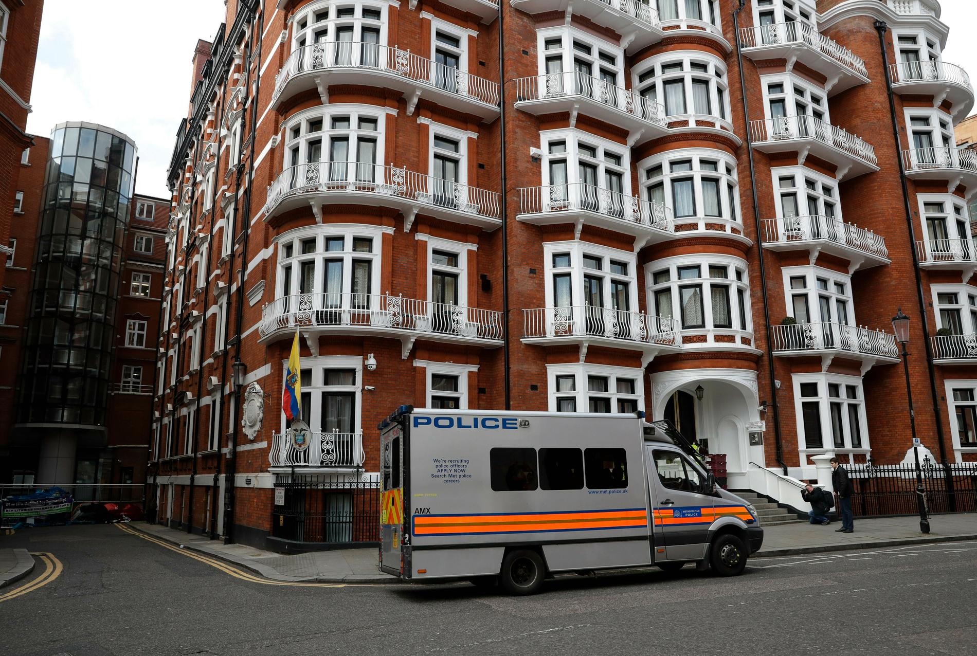 Ecuadors ambassad i London, där Julian Assange vistades under sju år. Bilden är tagen förra veckan.