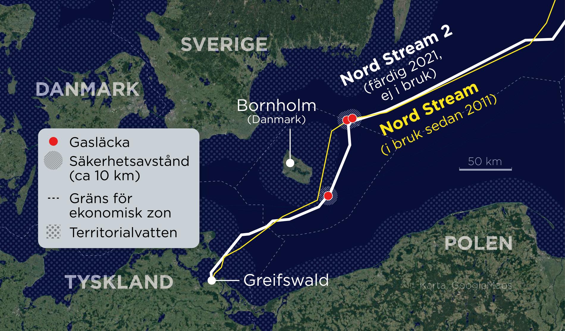 Kartan visar de tre läckorna på gasledningarna Nord Stream och Nord Stream 2.