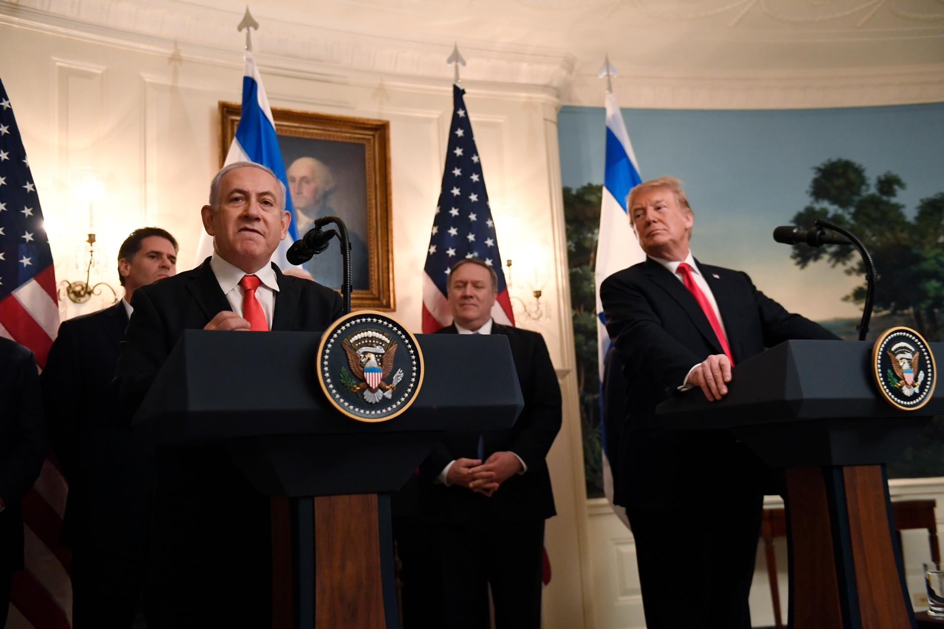 Israels premiärminister Benjamin Netanyahu och USA:s president Donald Trump under pressträffen i Vita huset.