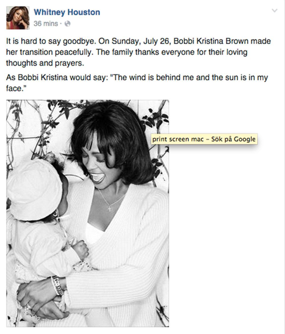 Känslosamma hyllningen på Facebook till Bobbi Kristina Brown.