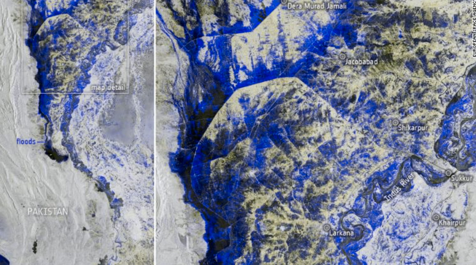 Satellitbild från Europeiska rymdorganisationen ESA, som visar öevrsvämningarna.