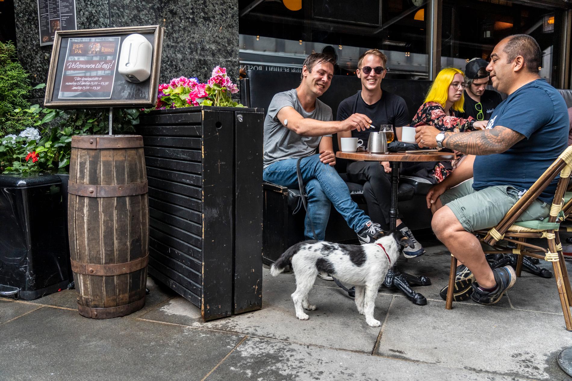 Paret Öyvind Jörgensen, 40, och Mats Hagen, 33, tillsammans med vännen Per Tennfjord-Jensen, 46, njuter av öl och kaffe hos Per på hjørnet. 