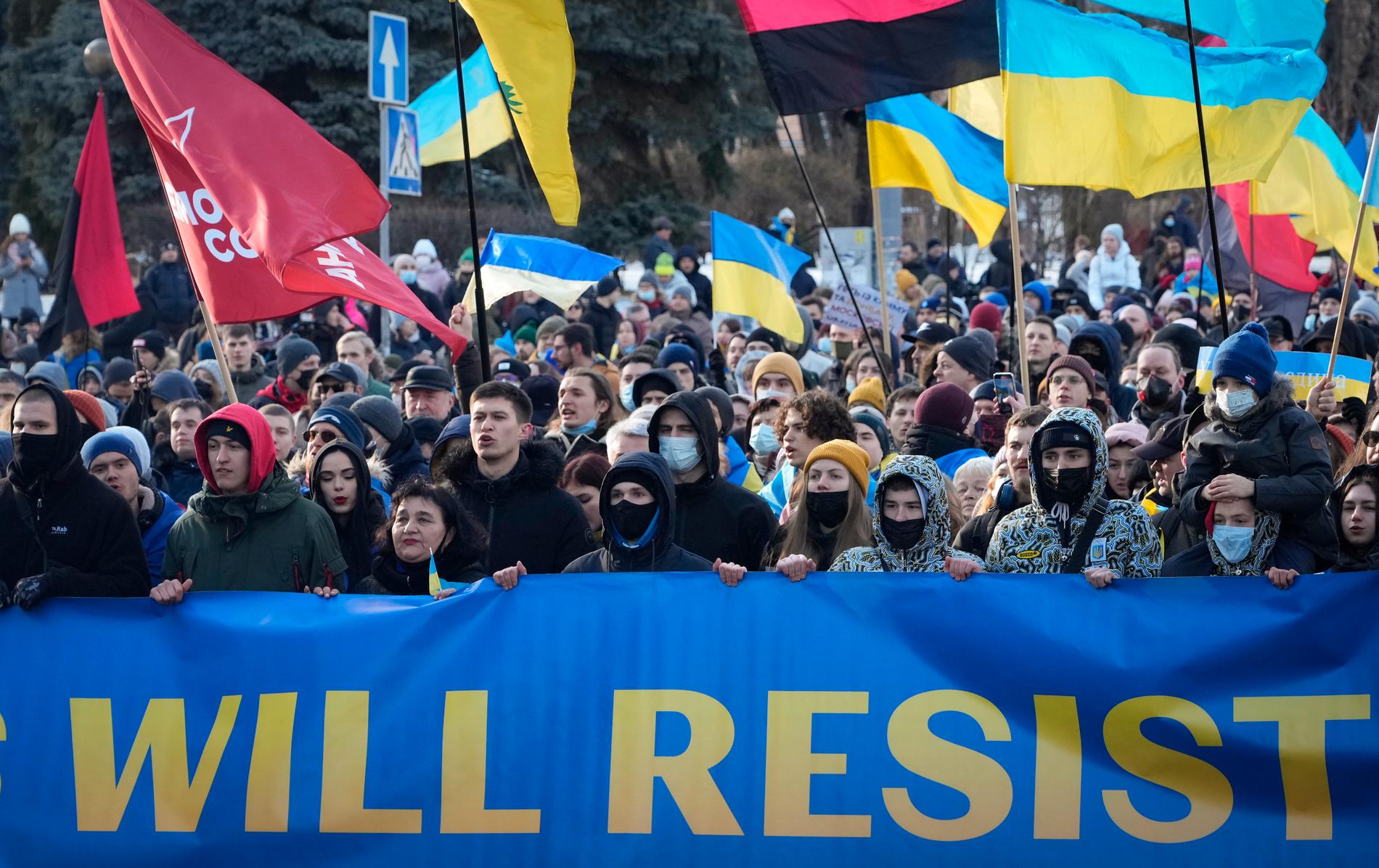 Protest mot den potentiella invasionen i Kiev, Ukraina 12 februari.