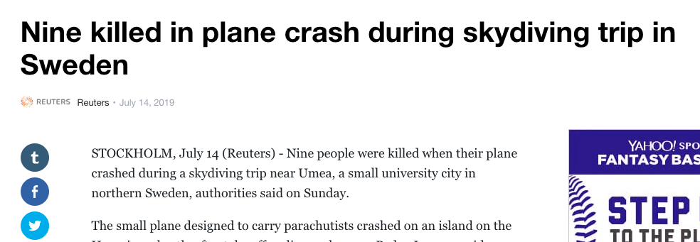 Nyhetsbyrån Reuters berättar om fallskärmsturen som slutade med kraschen nära den ”lilla universitetsstaden Umeå i norra Sverige”.