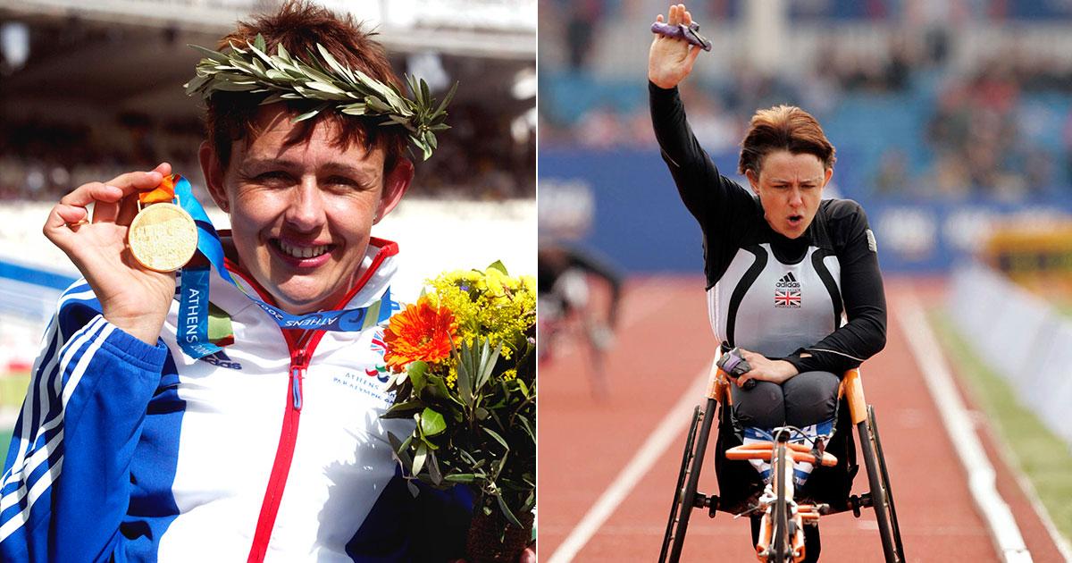 Tanni Grey-Thompson med guldmedaljen från paralympics i Aten 2004 och i Paralympics-VM året därpå. 