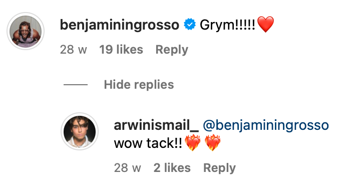 En av Benjamin Ingrossos kommentarer på ett klipp som Arwin lagt ut på Instagram.