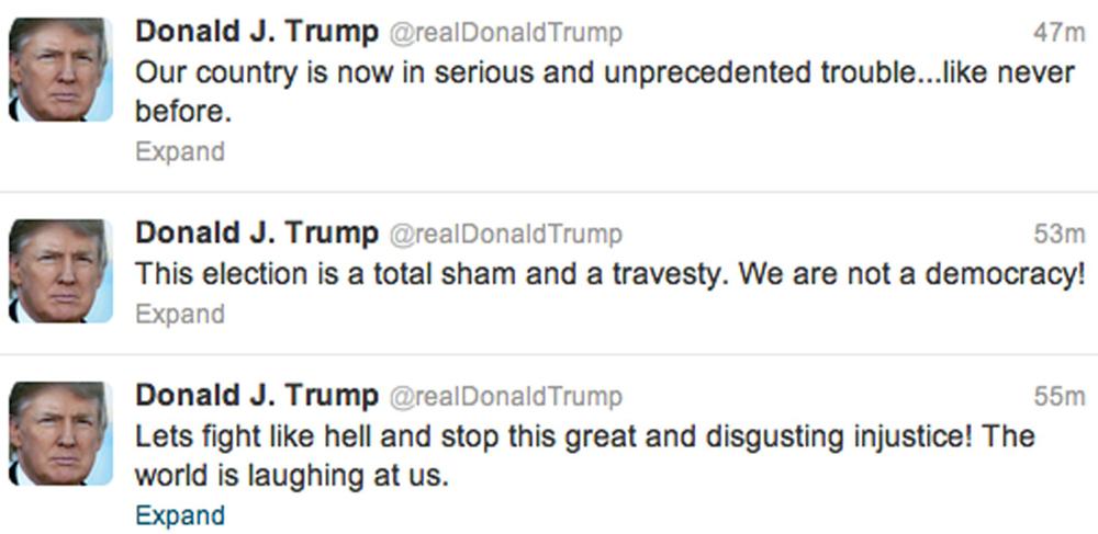 Ett par av Donald Trumps twitterinlägg efter Mitt Romneys valförlust.