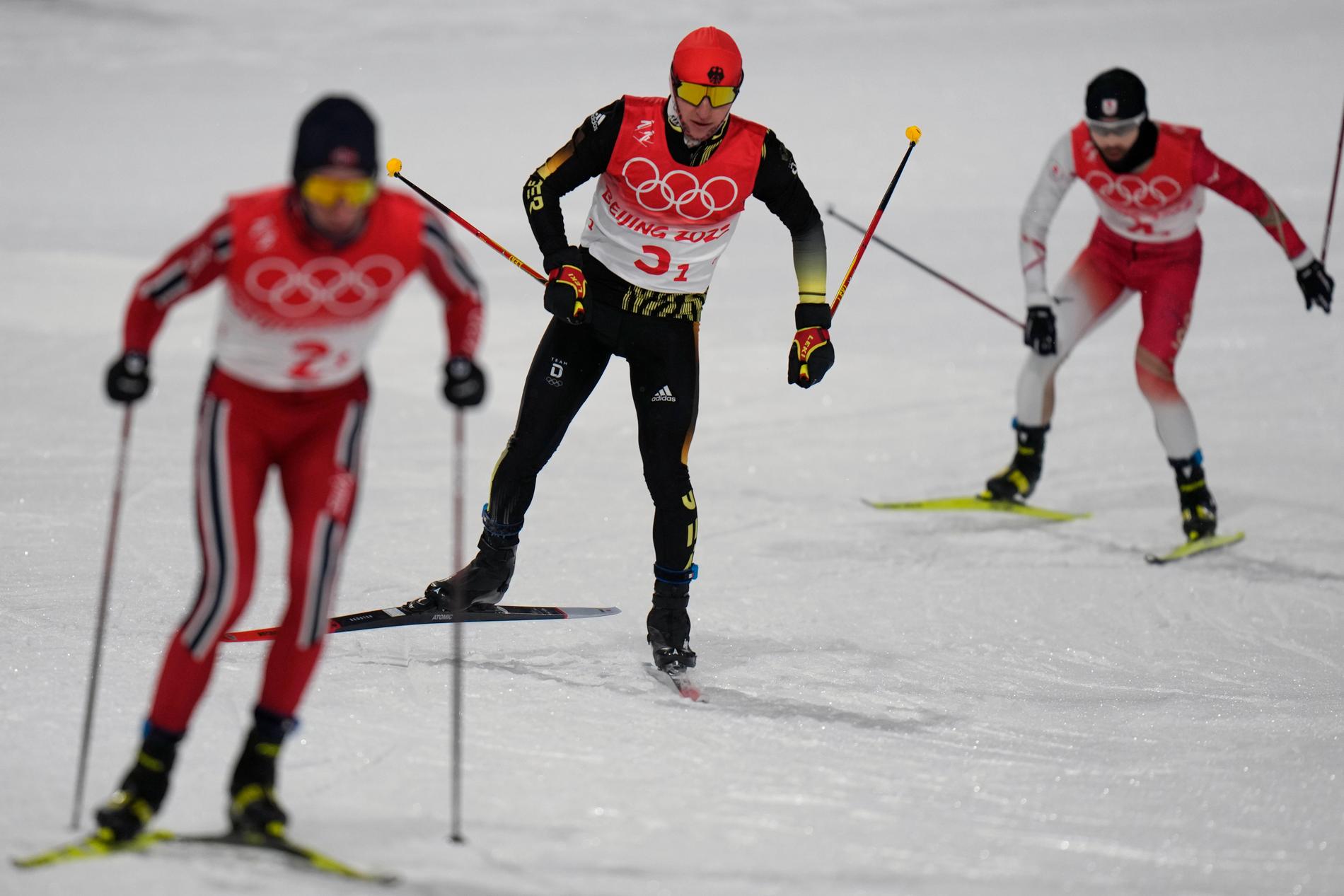 Nordisk kombinations-åkare under OS i Peking i februari.