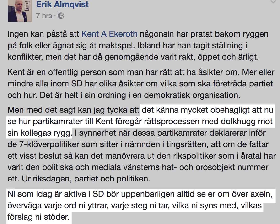 Erik Almqvist till attack mot Mattias Karlsson på Facebook.