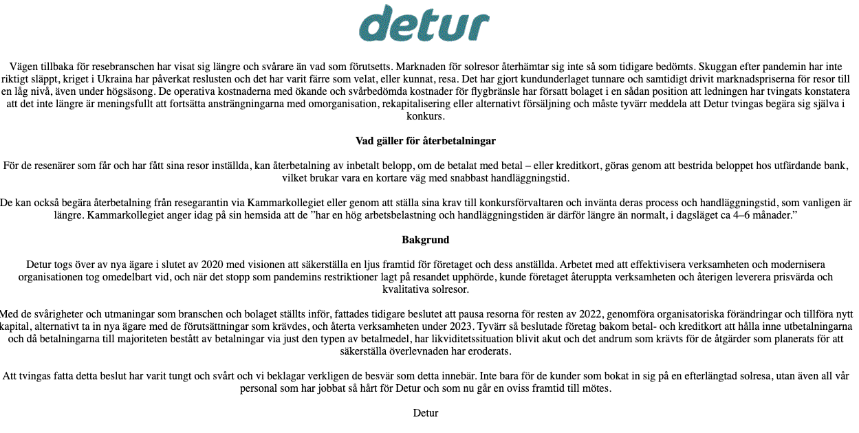 Meddelandet på Deturs hemsida.