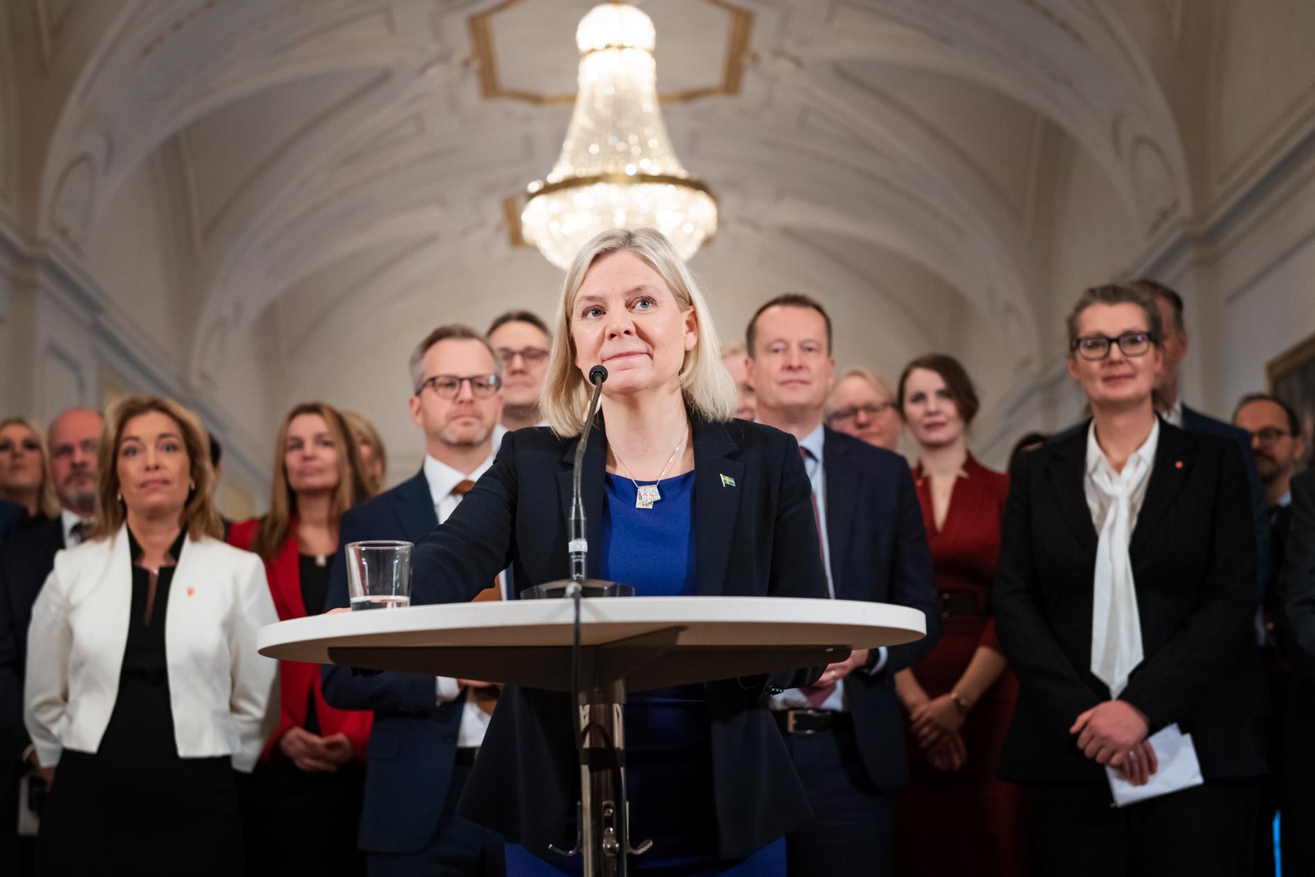Statsminister Magdalena Andersson (S) presenterade sin regering för media i sammanbindningsbanan i Östra riksdagshuset i november.
