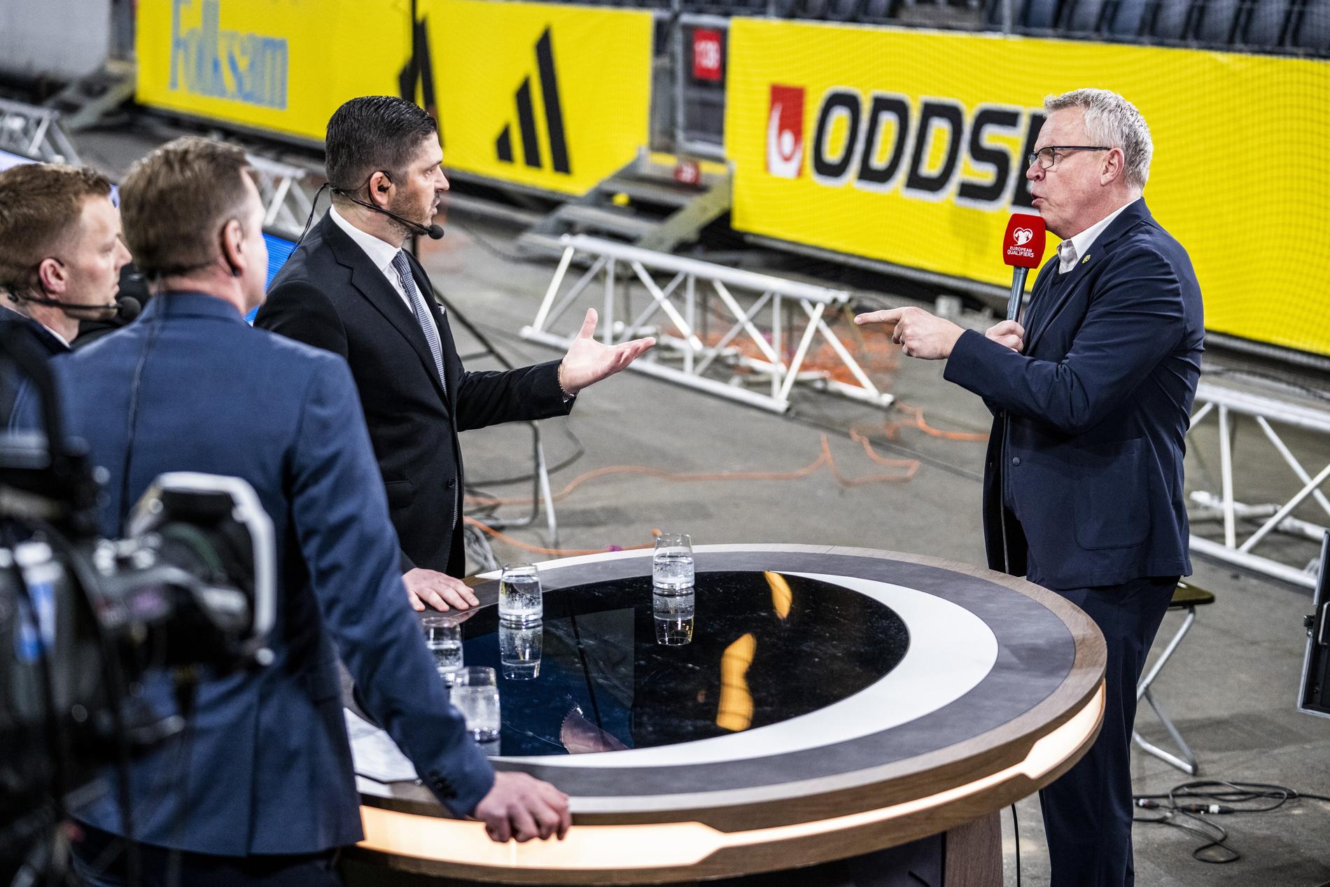 Janne Andersson och Bojan Djordjic under uppmärksammade tv-bråket i slutet av mars. 