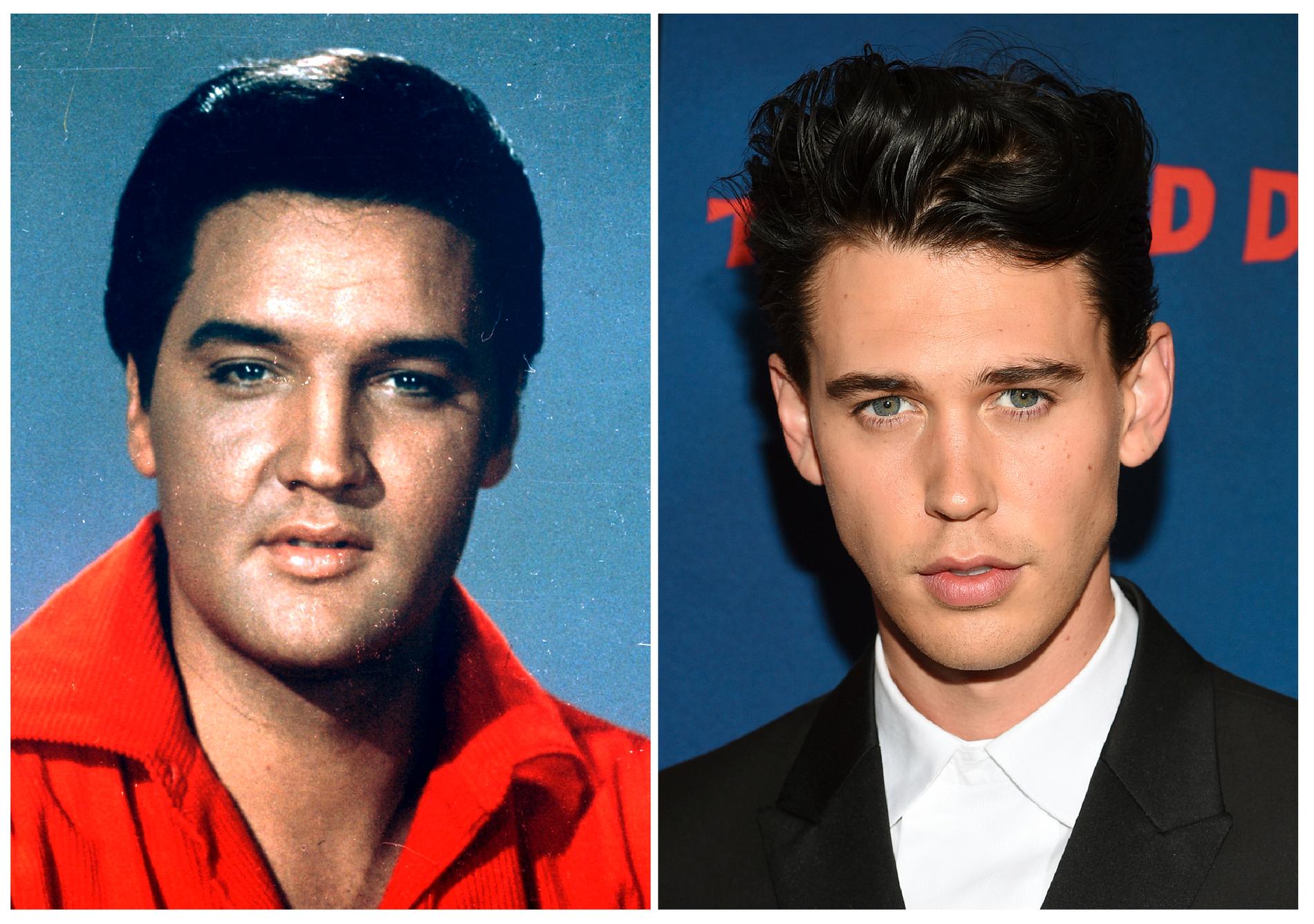Elvis Presley porträtterad 1964 och till höger skådespelaren Austin Butler som spelar rockikonen i filmen "Elvis". Arkivbild.