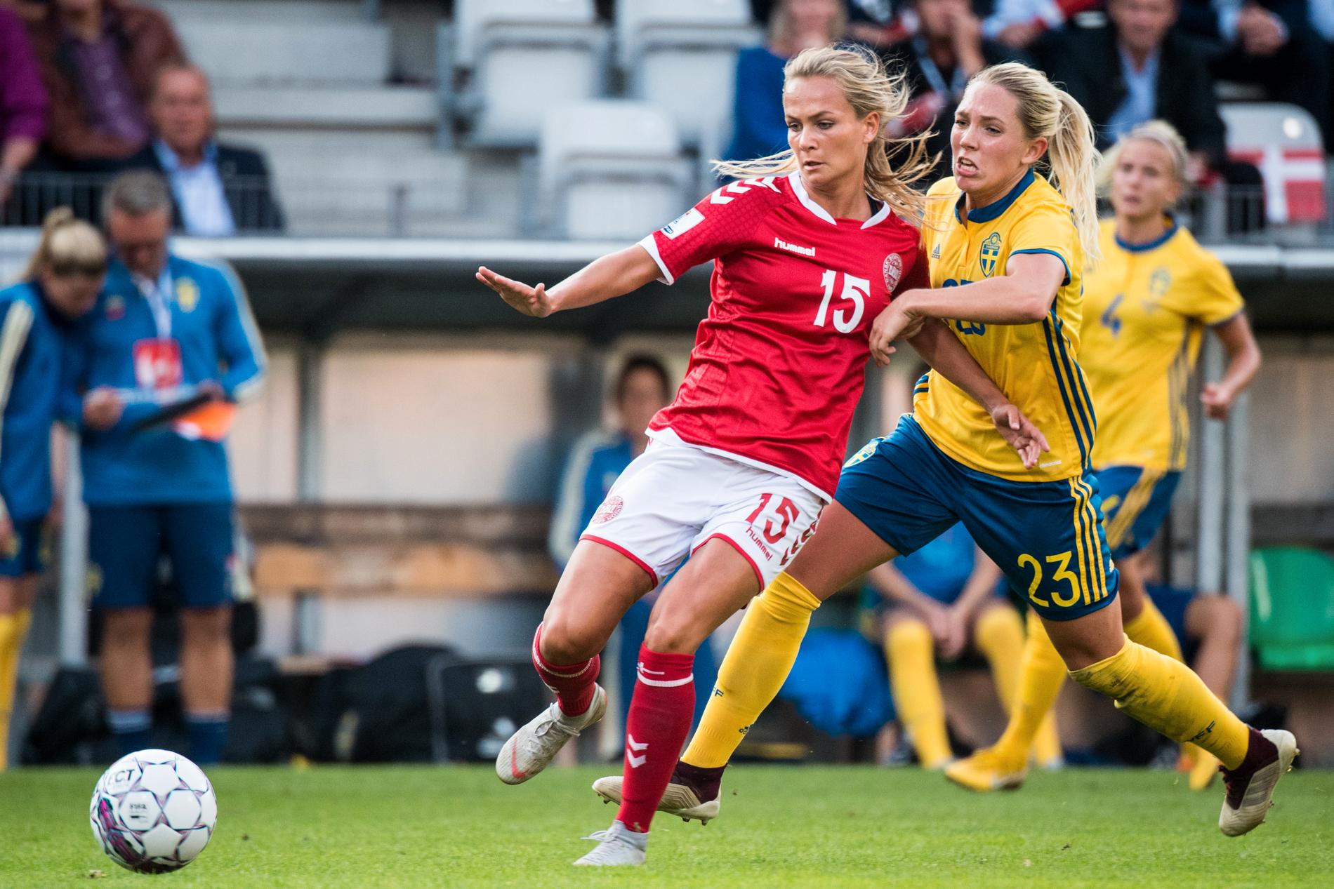 Thögersen och Rubensson under en match 2018 mellan Danmark-Sverige. 