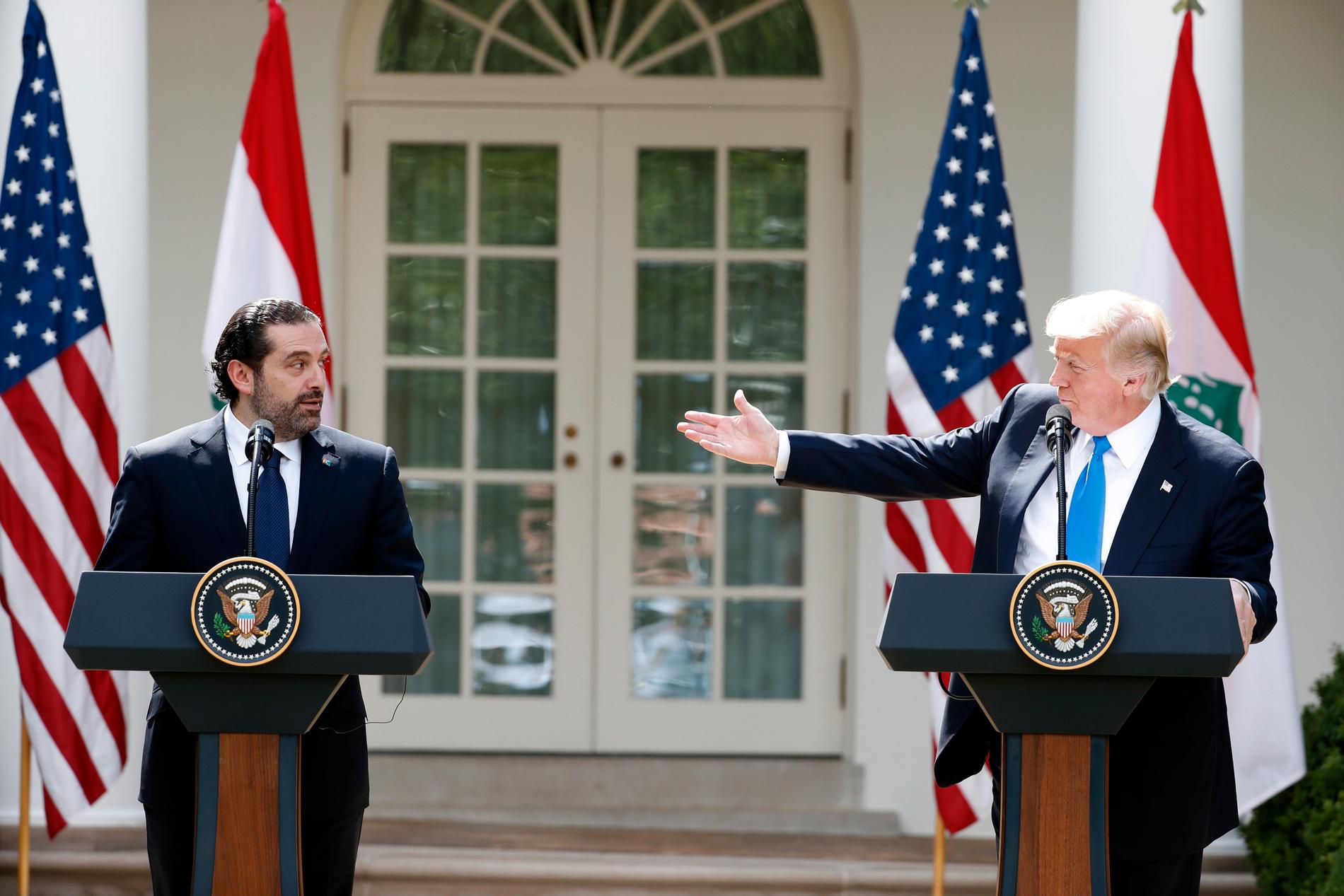 Libanons premiärminister Saad al-Hariri under en presskonferens tillsammans med USA:s president Donald Trump vid Vita huset i juli.