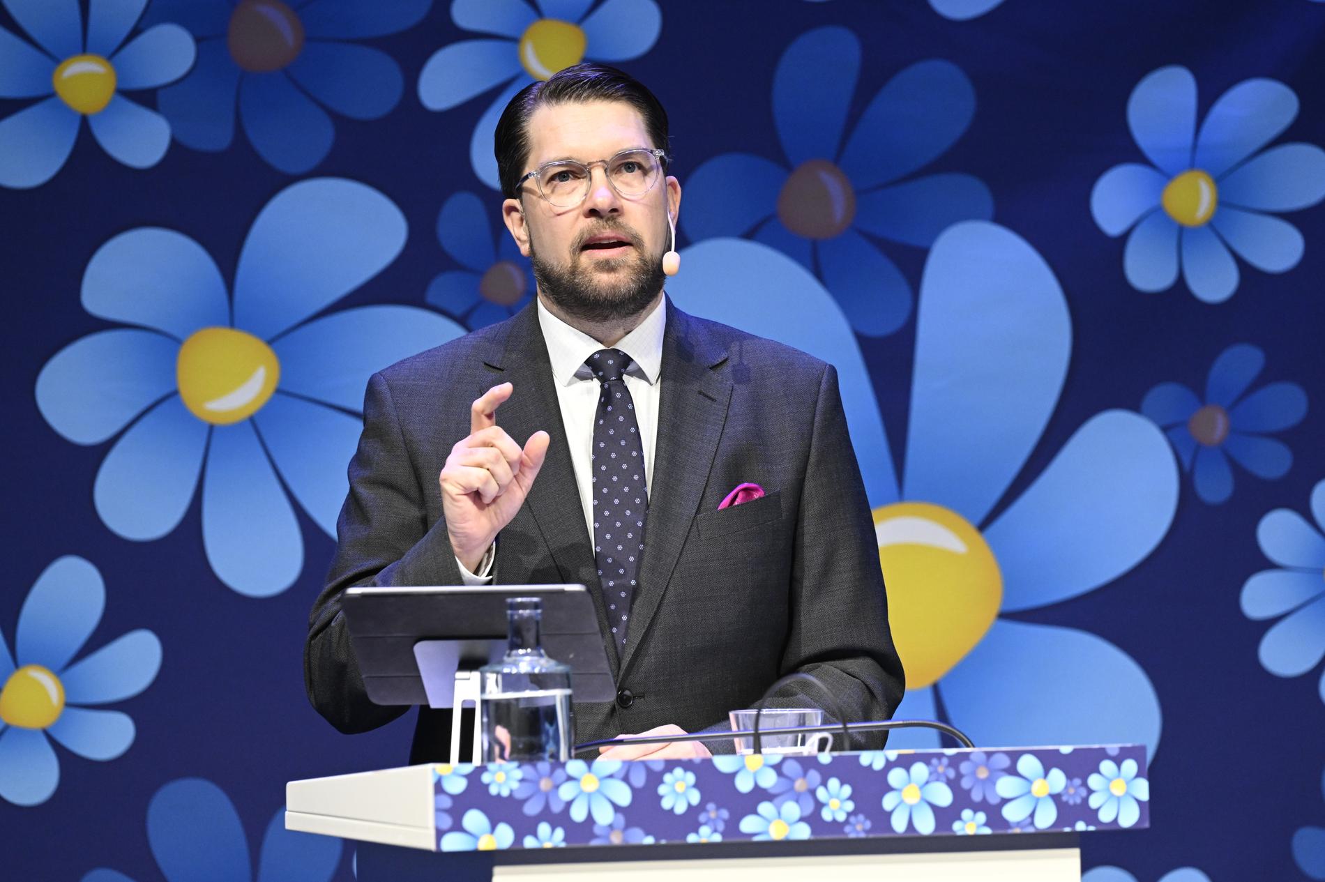 Partiledare Jimmie Åkesson (SD) talar under Sverigedemokraternas landsdagar i Västerås.