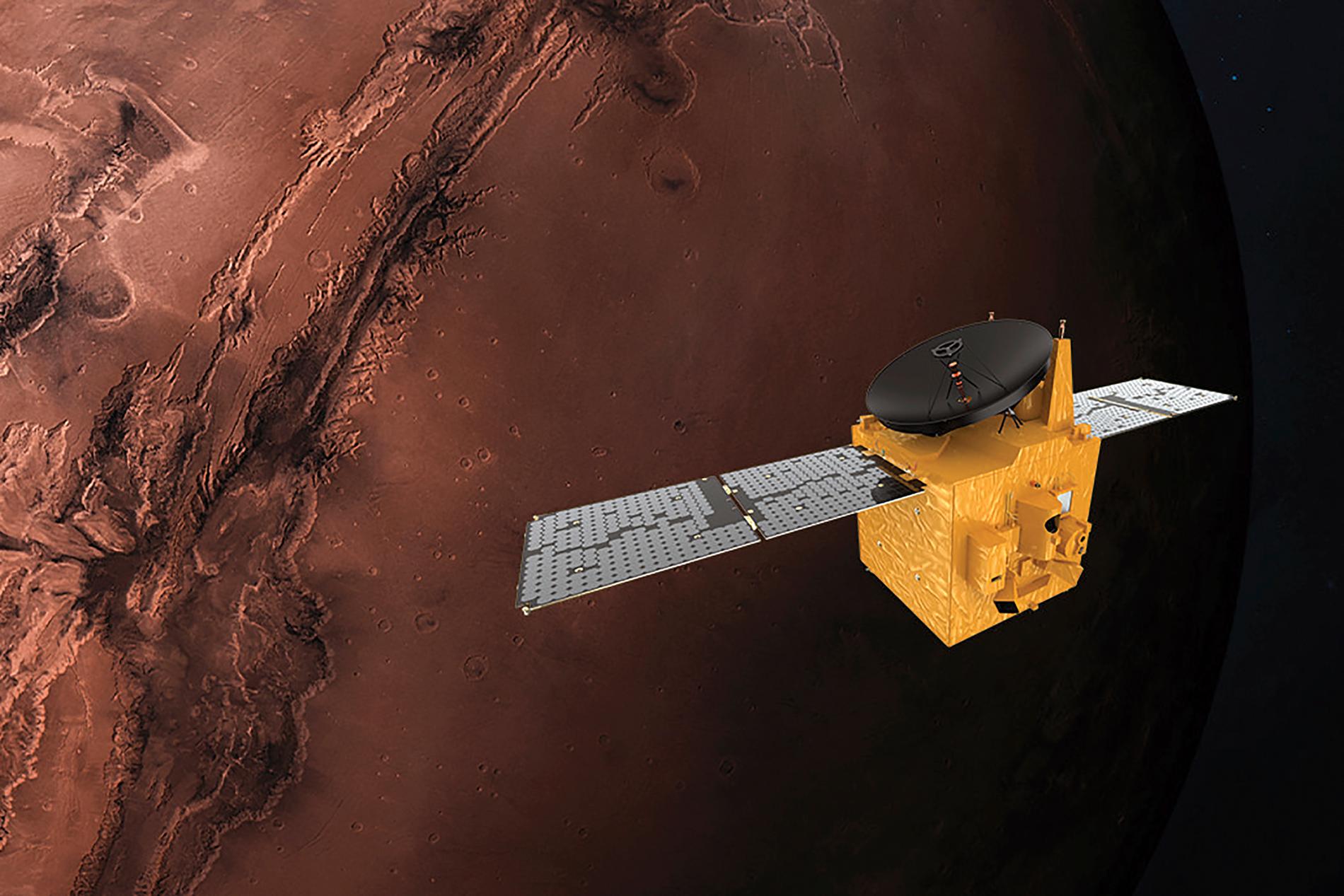 En animering i Mohammed bin Rashid Space Centre visar Förenade arabemiratens al-Amal som ska lyfta till Mars från Japan.