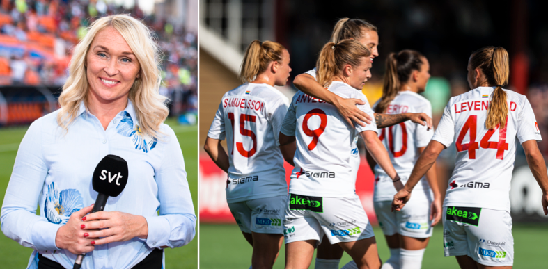 SVT:s expert Frida Östberg/Rosengård firar efter ett mål.