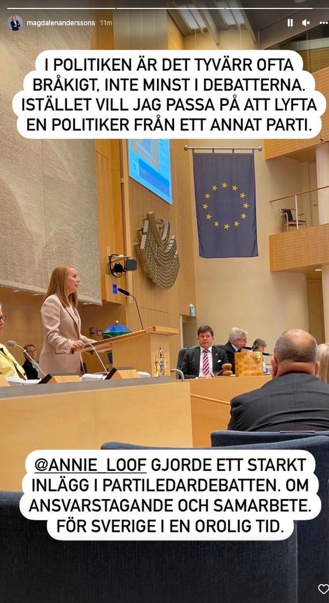 Under partiledardebatten skickade Magdalena Andersson en hälsning till Annie Lööf på sociala medier. 