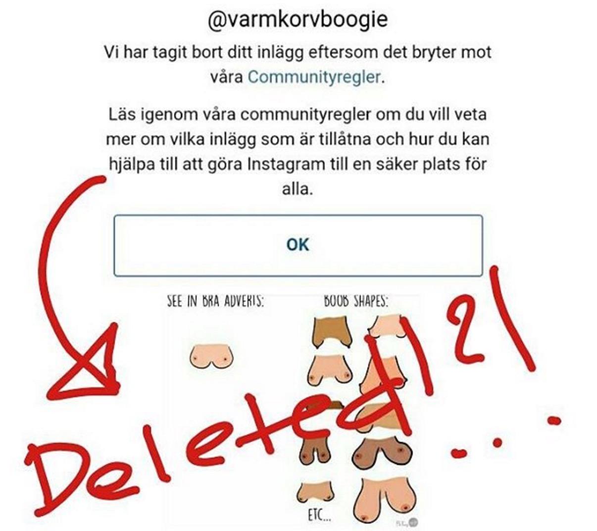 Det var när Annika Ström laddade upp bilden på tecknade bröst som Instagram valde att plocka ned den.