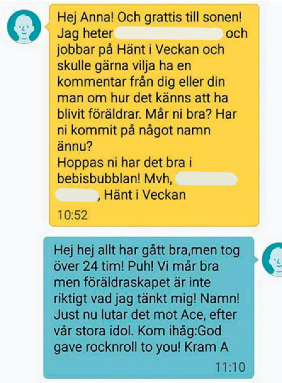 En skärmdump på sms-intervjun med personen som Hänt i Veckan-reportern trodde var Anna Aro Ring.