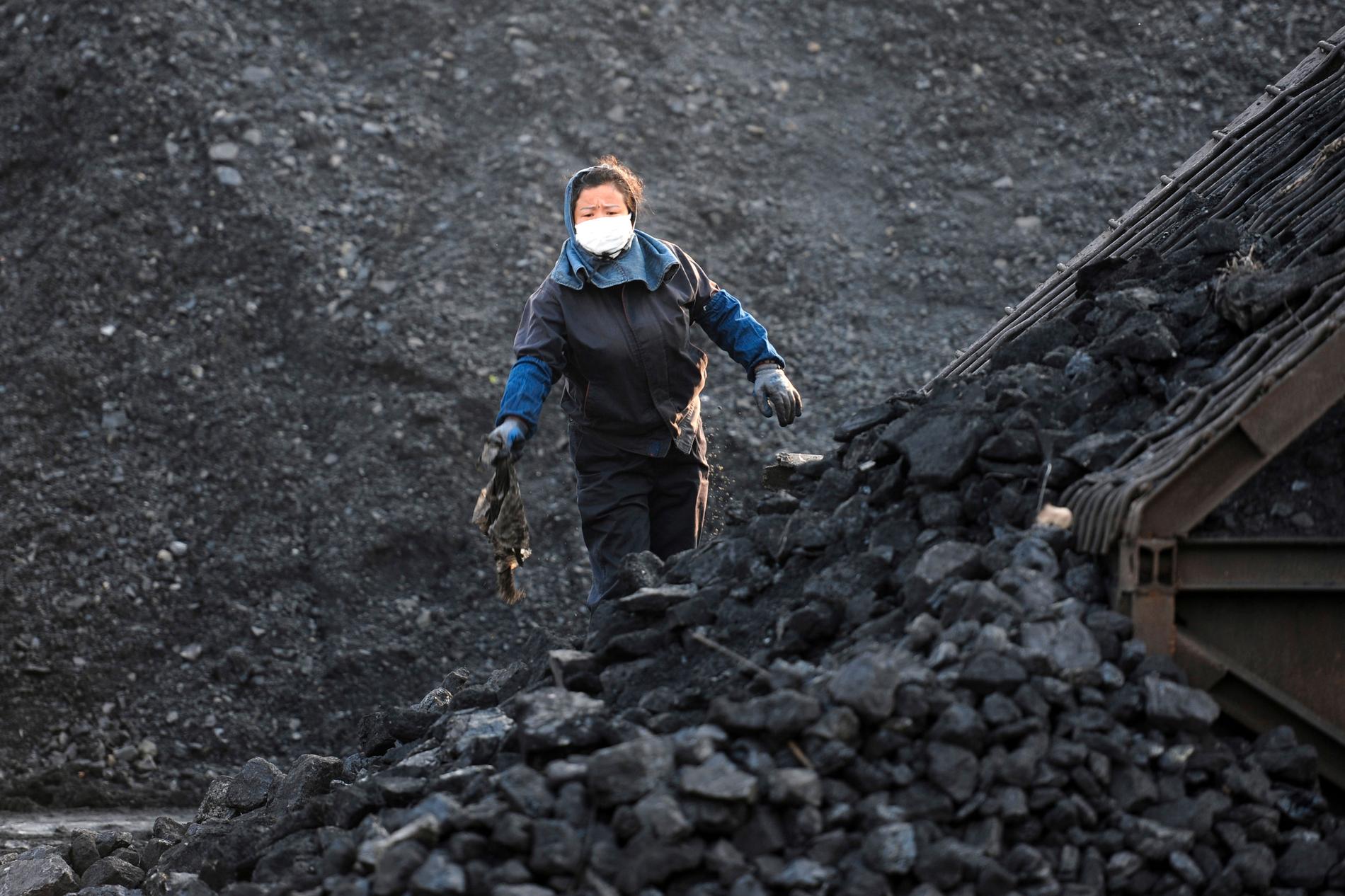 En arbetare sorterar kol vid en kolgruva i Huabei i Kina. Arkivbild.