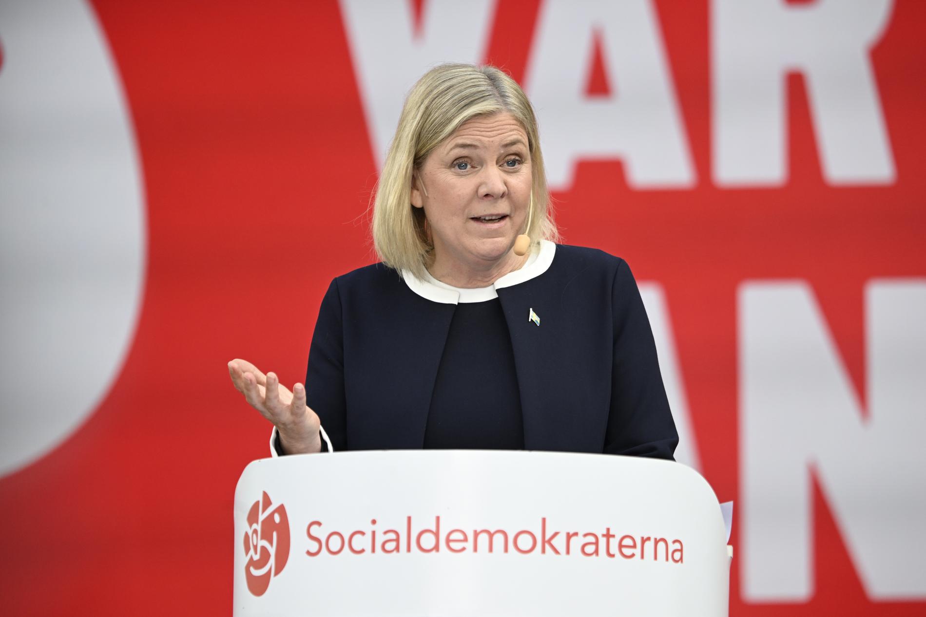 Statsminister Magdalena Andersson (S) höll tal i Almedalen söndag den 3 juli.