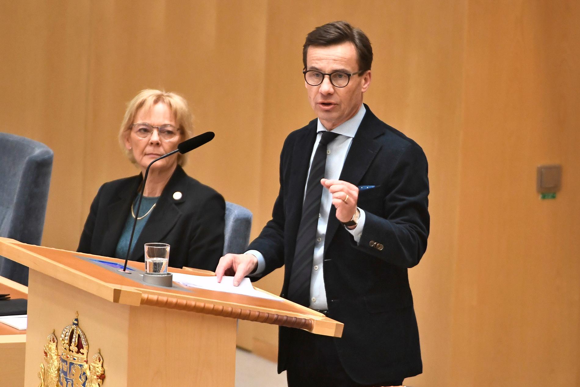 Moderaternas partiledare Ulf Kristersson (M) under partiledardebatt i riksdagen i Stockholm.